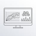 Computer monitor line icon with graph, diagr.am and charts. PC desktop display outline sketch. Vector illustration. Royalty Free Stock Photo